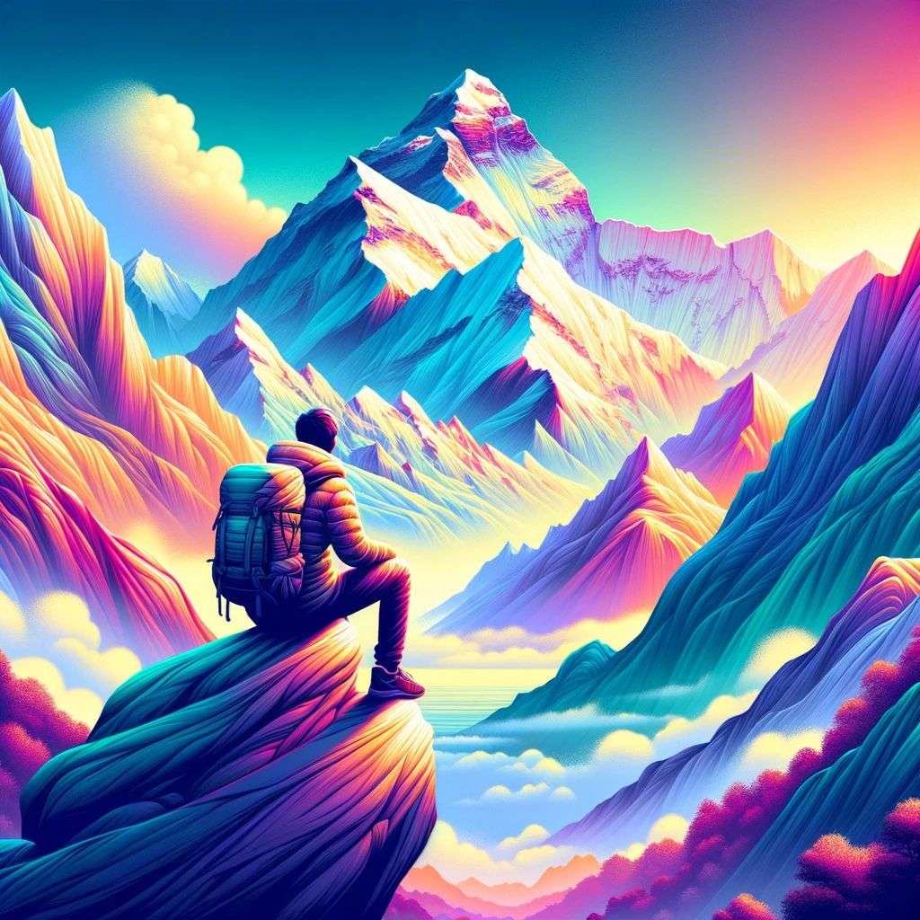 someone gazing at Mount Everest, digital art made from colorful gradients, airbrush